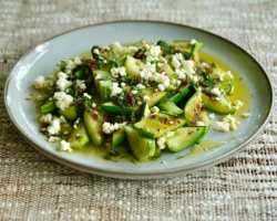 A refreshing salad of lightly fried cucumbers, topped with crumbled feta cheese, fresh dill, chili flakes, and olive oil. A unique twist on traditional cucumber dishes, combining warm and fresh flavors. Fried cucumber salad with crumbled feta cheese, fresh herbs, and a drizzle of olive oil on a white plate