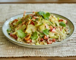 Topped with tahini sauce and sunflower seeds Fresh vegetable salad on a white plate with lettuce, cherry tomatoes, cucumbers, carrots, bell peppers, sunflower seeds, and cilantro garnish. Vibrant, healthy, and delicious.