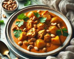 Massaman curry, a rich and flavorful Thai dish, featuring tender chicken, creamy potatoes, roasted peanuts, and a fragrant, mildly spiced coconut-based curry sauce. Topped with fresh cilantro for a vibrant finish. A bowl of Massaman curry with chunks of tender chicken, potatoes, peanuts, and garnished with fresh cilantro, served on a rustic wooden table