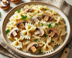 Pasta Alfredo, a classic Italian dish, features farfalle pasta coated in a rich and creamy Alfredo sauce, topped with sautéed mushrooms, freshly grated Parmesan cheese, and garnished with parsley for a flavorful finish. A plate of creamy Pasta Alfredo with farfalle pasta, sautéed mushrooms, grated Parmesan cheese, and fresh parsley garnish