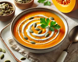 Rich and velvety pumpkin soup, garnished with a swirl of cream, toasted pumpkin seeds, and a sprig of fresh parsley. Perfectly warm and inviting, ideal for a cozy meal. A bowl of creamy pumpkin soup topped with a swirl of cream, pumpkin seeds, and parsley, served on a rustic wooden table