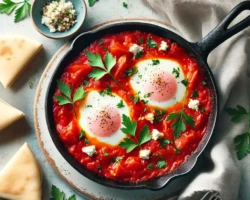 Shakshuka, a hearty Middle Eastern dish, featuring poached eggs in a rich and spiced tomato and bell pepper sauce. Topped with crumbled feta cheese and fresh parsley, it is served alongside soft pita bread for a perfect combination. A skillet of shakshuka with poached eggs in a spiced tomato sauce, garnished with parsley and crumbled feta cheese, served with pita bread and a small bowl of seasoning.